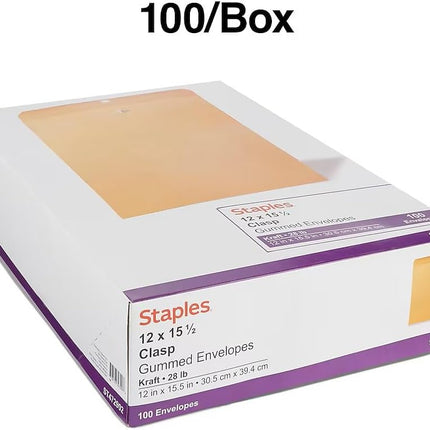 Staples 12 x 15.5 Clasp & Moistenable Glue Kraft Catalog Envelopes, Brown, Heavy‑Duty Mailing Envelopes for Documents, 100/Box