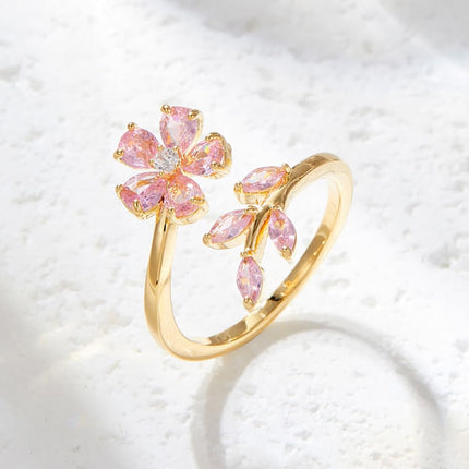 Delicate Flower Leaf Wrap Finger Ring for Women Pink Cubic Zirconia Crystal Floral Statement Ring Promise Engagement Rings Adjustable Open Band