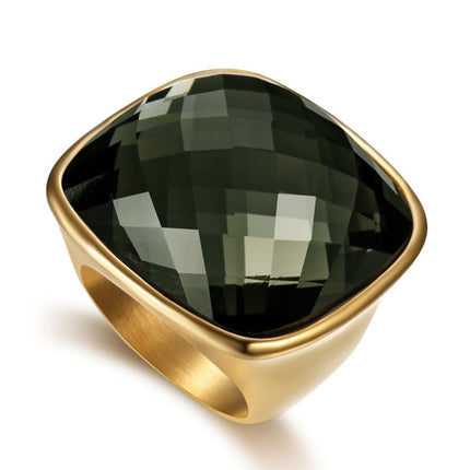 Chunky Square Crystal Glass Stainless Steel Statement Ring for Women Men Gold-Tone Plated Exaggerated Large Geometric Green Cubic Zirconia Finger Band Knuckle Rings Cocktail Prom Fashion Jewelry