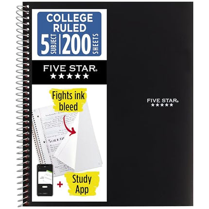 Amazon.com : Five Star Spiral Notebook + Study App, 5 Subject, College Ruled Paper, 8-1/2" x 11", 200 Sheets, Fights Ink Bleed, Water Resistant Cover, Black (72081) : Office Products