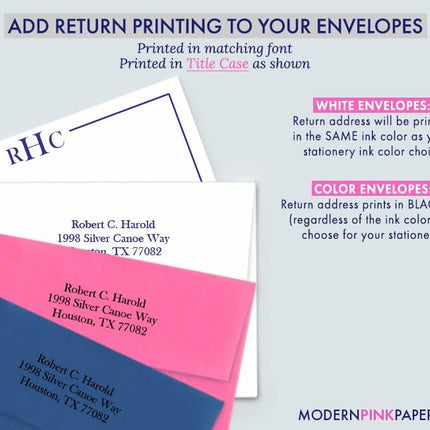 Modern Pink Paper 3 Letter Monogram Stationery Set for Men or Women FLAT NOTE CARDS, Monogrammed Note cards with Envelopes, Monogrammed Stationary Set PROFESSIONAL, Your Choice of Colors and Quantity