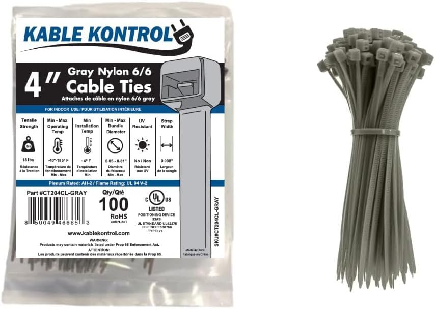 Gray Zip Ties 4 Inch 100 Pcs, 18 Lbs Tensile Strength, Self-locking Nylon Colored Cable Ties Wire Wraps for Indoor or