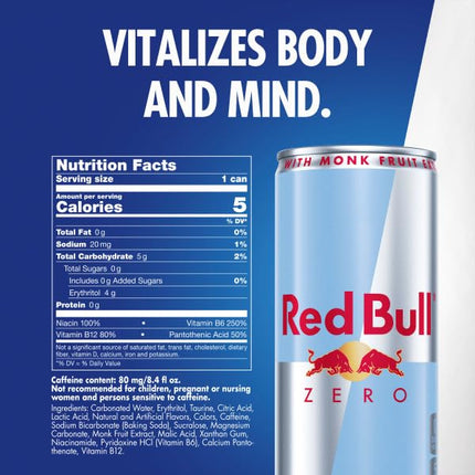 Red Bull Zero Energy Drink, 8.4 fl. oz., with 80mg Caffeine, Taurine & B Vitamins, Pack of 12 cans