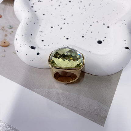 Chunky Square Crystal Glass Stainless Steel Statement Ring for Women Men Gold-Tone Plated Exaggerated Large Geometric Green Cubic Zirconia Finger Band Knuckle Rings Cocktail Prom Fashion Jewelry