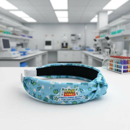 2026 Lab Week Official Theme Handmade Headband, Light Blue Background with Lab Themed Icon Pattern, Lab Week Gift