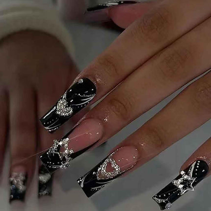 Press on Nails Almond Fake Nails with Gold Line Design Glue on Nails Acrylic Nails Glossy Full Cover Stick on Nails for Women 24Pcs