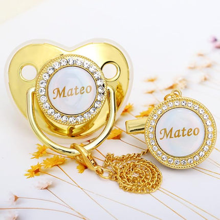 Personalized Pacifier with Name, Bling Gold Pacifier Clip Set Storage Box, Customized Glitter Crystal Luxurious Soother Ideal Gift for Boys Baby Shower Photography Newborn (Silvery)