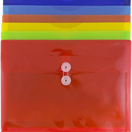 JAM PAPER Plastic Envelopes with Button & String Tie Closure - Letter Booklet - 9 3/4 x 13 - Assorted Primary Colors - 6/Pack