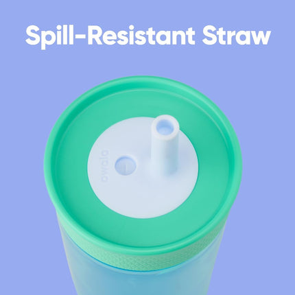 Owala Kids Insulation BPA-Free Plastic Tumbler with Spill Resistant Flexible Straw, Easy to Clean, Kids Water Bottle, Great for Travel, Dishwasher Safe, 15 Oz, Teal and Aqua (The Blues)