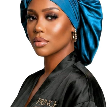 Jumbo Charmeuse Satin Bonnet – Premium Peacock Blue Double Layer Silk Satin Sleep Cap for Natural Hair, Braids, Locs & Long Curly Hair – Anti-Frizz, Adjustable Stay-On Protection