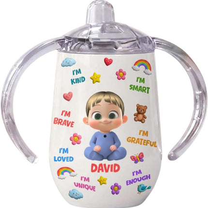 I'm Kind, I'm Smart, Positive Affirmation Personalized Sippy Cup with Handles, Cute Cartoon Kid Sippy Cup with Name, Positive Affirmation Baby Sippy Cup, Baby Girl Boy Sippy Cups, Toddler Girl Gifts