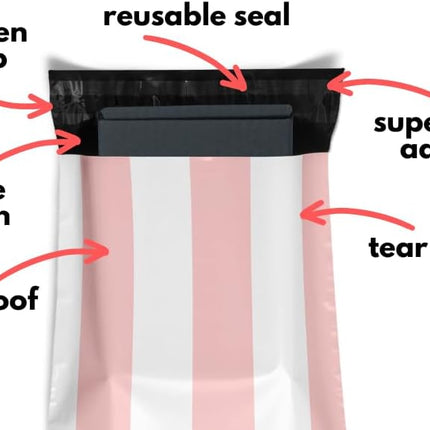 Poly Mailers 12.5x15 50 Pack | Self-Sealing Shipping Bags Envelopes for Small Business | Waterproof Durable Packaging | Thank You | Pink Stripes | à la mode Mailers