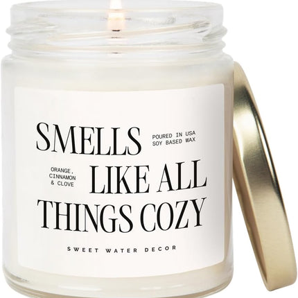 Smells Like All Things Cozy Candle, Orange Cinnamon Ginger Clove Scent, 9oz Soy Candle with Gold Lid, Non-Toxic, Fall & Winter Christmas & Housewarming Gift, 40+ Burn Time