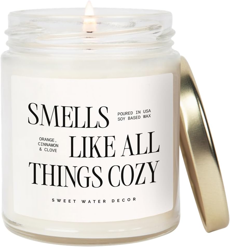 Smells Like All Things Cozy Candle, Orange Cinnamon Ginger Clove Scent, 9oz Soy Candle with Gold Lid, Non-Toxic, Fall &