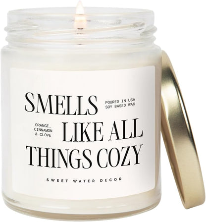 Smells Like All Things Cozy Candle, Orange Cinnamon Ginger Clove Scent, 9oz Soy Candle with Gold Lid, Non-Toxic, Fall &