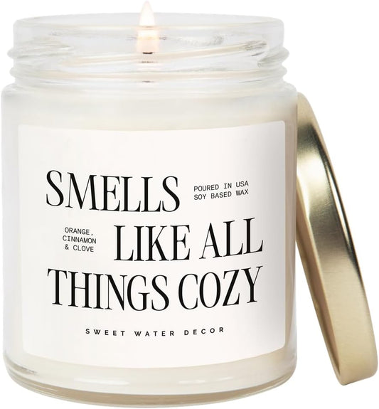 Smells Like All Things Cozy Candle, Orange Cinnamon Ginger Clove Scent, 9oz Soy Candle with Gold Lid, Non-Toxic, Fall &