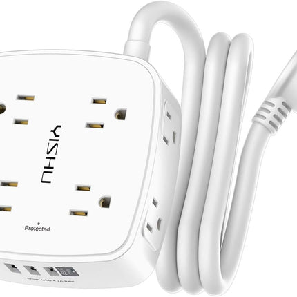 5Ft Surge Protector Power Strip - 8 Widely Outlets with 4 USB Ports, 3 Side Outlet Extender with 5 Feet Extension Cord, Flat Plug, Wall Mount, Desk USB Charging Station, ETL,White