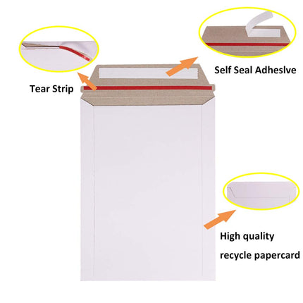 100 Pack 6X8 inch Self Seal Photo Document Mailers Stay Flat White Cardboard Envelopes White Photography Mailers for CD, Photos, Document