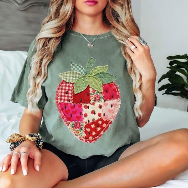 Faux Patchwork Strawberry Comfort Colors T-Shirt, Colorful Strawberry — Home & Lifestyle