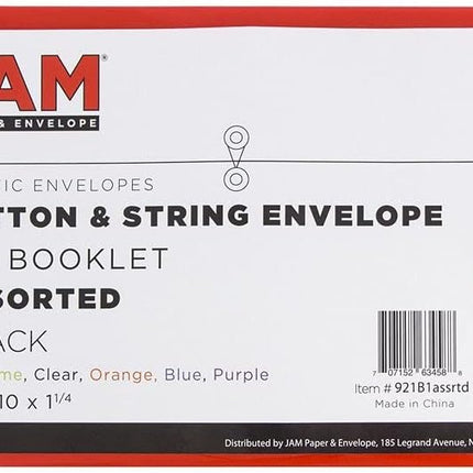 JAM PAPER Plastic Envelopes with Button & String Tie Closure - #10 Business Booklet - 5 1/4 x 10 - Assorted Colors - 6/pack