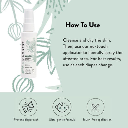 The Honest Company Baby Diaper Rash Cream Spray, Moisturizing, Calming Zinc Oxide, Hypoallergenic, Dermatologist Tested, Cruelty-Free, 2 fl oz
