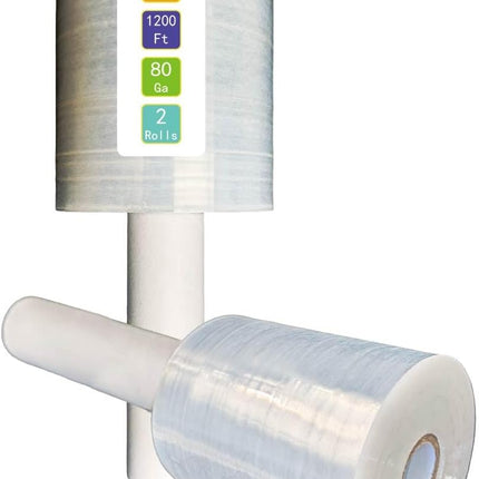 Polysells 2 Pack 5" x 1200ft MIni Roll Stretch Film with Handle, 80 Gauge Clear Moving & Packing Plastic Wrap for Boxes, Luggage, Bundling & Storage