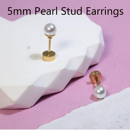 Renkovte Pearl Stud Earrings Screw Back,Flat Back Pearl Cartilage Helix Earrings 316L Surgical Steel Cartilage Piercing Jewelry Gift for Women(4mm 5mm 6mm Pearl,Gold&Silver)