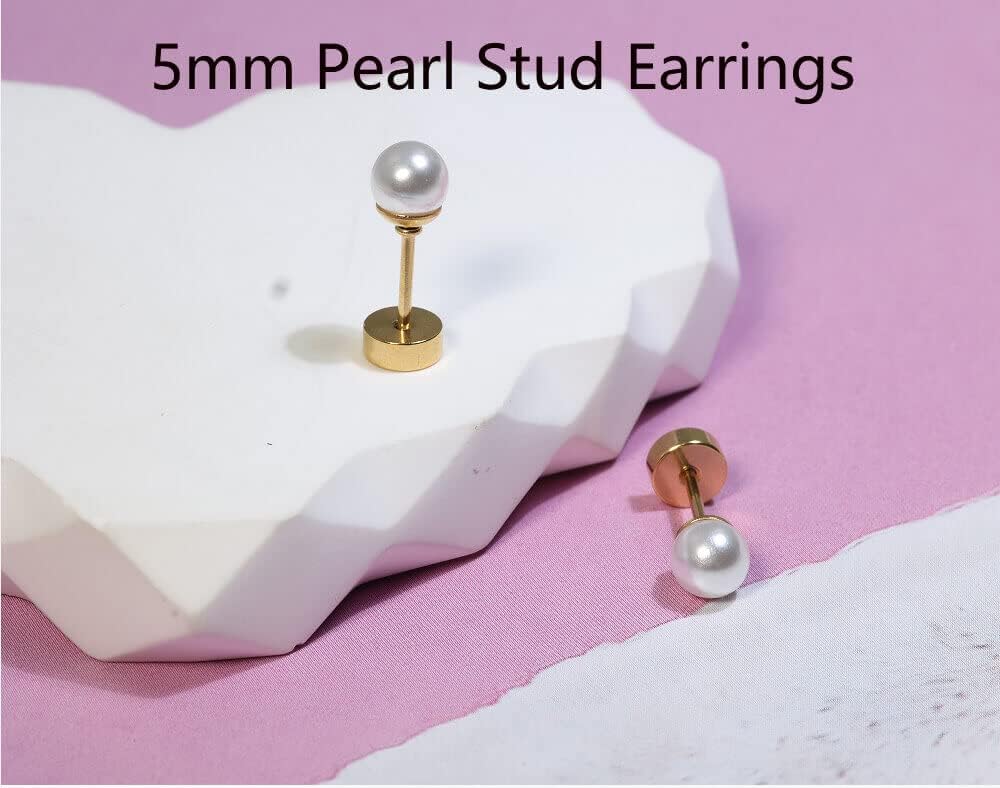 Pearl Stud Earrings Screw Back,Flat Back Pearl Cartilage Helix Earrings 316L Surgical Steel Cartilage - photo 2
