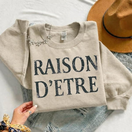 FITIN Raison D’Etre Vintage Text Sweatshirt – Minimalist French Quote Graphic Unisex Cozy Pullover Crewneck
