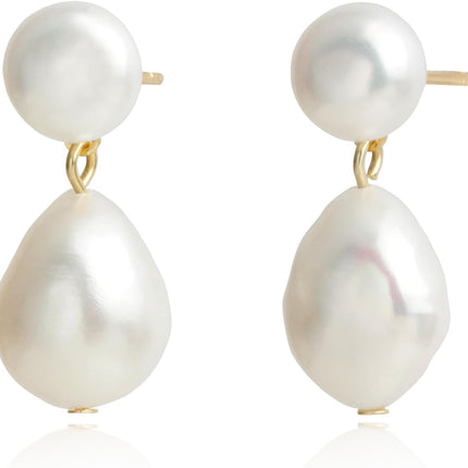 Handmade Freshwater Cultured White Baroque Pearl Dangling Drop Earrings for Women, 14K Gold Plated