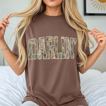 FITIN Darlin’ Camo Comfort Colors Tee, Southern Country Girl Shirt, Western Varsity Camouflage Graphic T Shirt