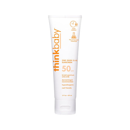 Thinkbaby SPF 50+ Baby Sunscreen, 3 Oz. – Safe, Natural Mineral Sun Cream for Babies - Water Resistant, Broad Spectrum UVA/UVB Sun Protection – Vegan Sunscreen for Kids
