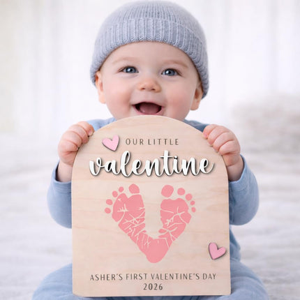 Baby's First Valentine's Day Footprint Art, Personalized Wood Keepsake (Design B)