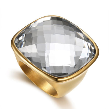 Chunky Square Crystal Glass Stainless Steel Statement Ring for Women Men Gold-Tone Plated Exaggerated Large Geometric Green Cubic Zirconia Finger Band Knuckle Rings Cocktail Prom Fashion Jewelry