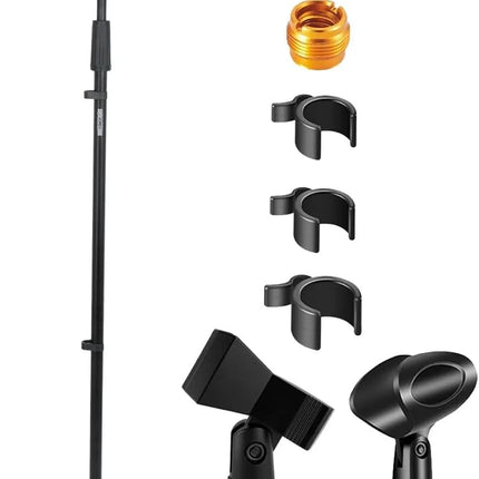 Heavy Duty Microphone Stand with Round Base, Height Adjustable 37.5-70 Inches, Black Metal Construction, 4.6 lb Capacity, Universal 5/8" Thread, Includes Clips and Adapter