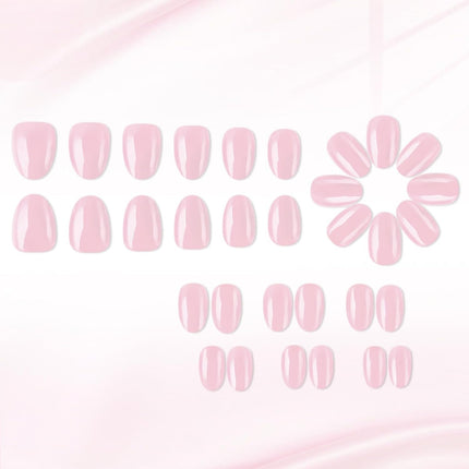 Light Pink Press On Nails Short Almond Fake Nails Solid Color Glossy Full Cover Stick On Nail for Women Manicure 32Pcs