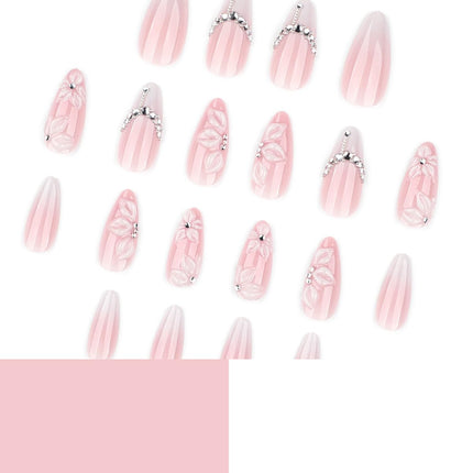 24Pcs White French Tip Press on Nails Medium Almond Fake Nails with Silver Rhinestones with Nude Pink Full Cover Glue on Nails French Designs 3D Flower False Nails Cute Spring Stick on Nails for Women
