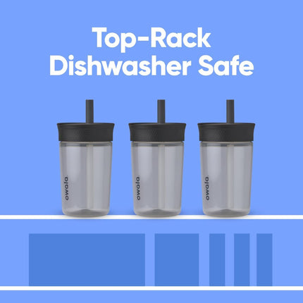 Owala Kids BPA-Free Plastic Tumbler with Spill Resistant Flexible Straw, Easy to Clean, Kids Water Bottle, Great for Travel, Dishwasher Safe, 15 Oz, Black and Gray (Skate Park)