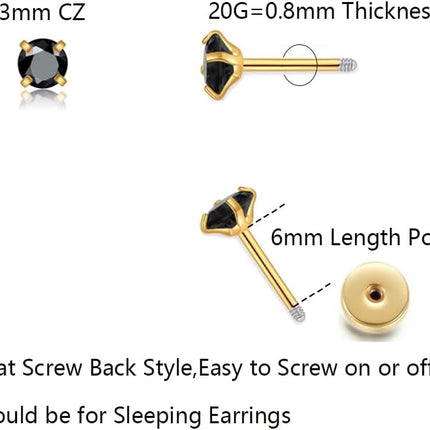 3Pairs CZ Stud Flat Screw Back Earrings for Women Multiple Piercing,Dainty Flatback Cubic Zirconia Cartilage Earring Stud,Helix Tragus Conch Piercing Jewelry