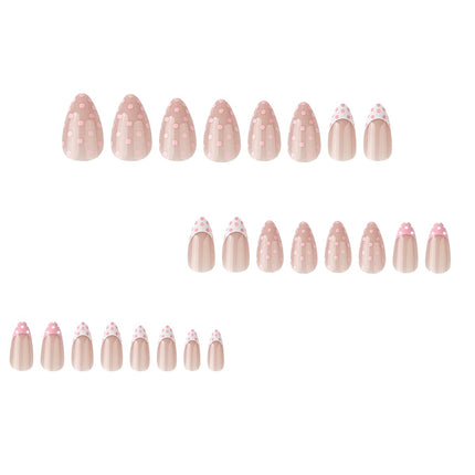Pink Polka Dot Press on Nails - Short Almond Fake Nails, Nude Base French Tip False Nails with Polka Dots Design, Reusable Glue on Nails for Women Manicure, Glossy Finish | 12 Sizes - 24 Pcs