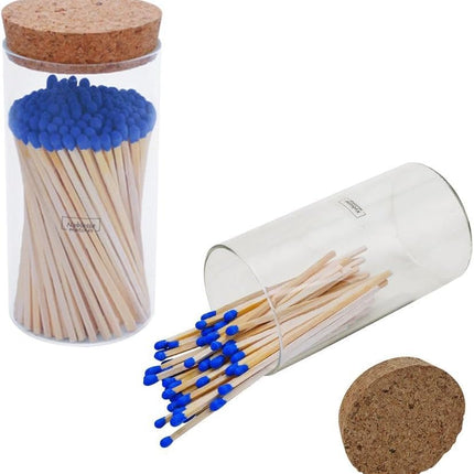 Colored Safety Matches | 4-Inch Long Matches in Glass Jar | Perfect for Lighting Candles | 150 PIECES | 10 CANDLES AND EXTRA EMPTY JAR GIFT (BLUE)