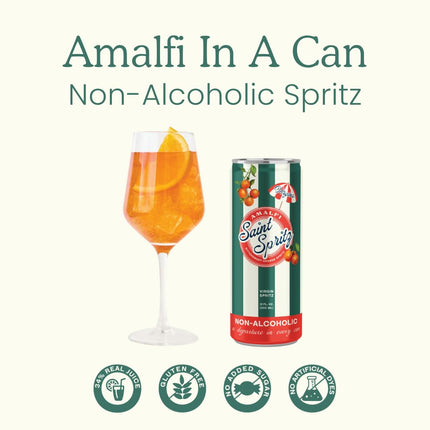 Virgin Amalfi Spritz (12-Pack) – Bittersweet Orange Non-Alcoholic Spritz in a Can – Natural Juice, Lightly Sparkling Italian-Inspired Aperitif Drink – Premium Non Alcoholic Drinks & Spirits – Saint Spritz Virgins