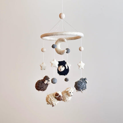 Handmade Felt Gray Sheep Nursery Mobile, Counting Sheep Crib Mobile, Boys & Girls Boho Decor, Natural Wool Hanging Mobile, Unique Baby Shower Gift, Fair Trade & Handcrafted in Nepal (Gray Sheep)