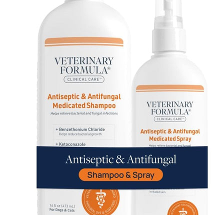 Veterinary Formula Clinical Care Antiseptic & Antifungal Medicated Shampoo and Spray for Dogs and Cats - Helps Alleviate Scaly, Greasy, or Red Skin - Paraben, Dye, and Soap Free, 2 Pack Bundle