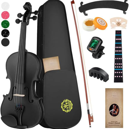 WITEK Beginner Violin for Kids, Black with Premium Maple Accessories, Hard Case Includes Bow, Bridge, Rosin, Shoulder Rest, Tuner, Mute, Manual