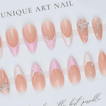24Pcs Silver Rhinestones Press on Nails Medium Almond Fake Nails Butterfly Gems White French Tip Acrylic Nails Press Ons Flower Butterfly Nail Charms Floral Stick On Nails Artificial Nails for Women