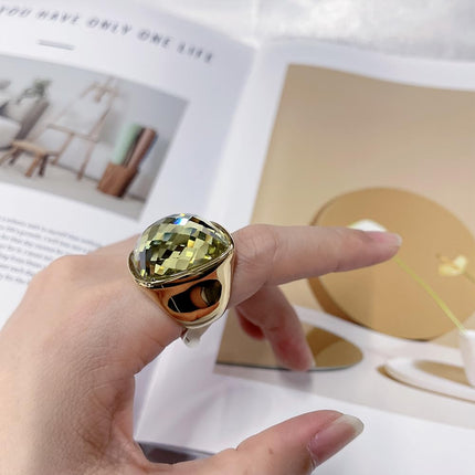 Chunky Square Crystal Glass Stainless Steel Statement Ring for Women Men Gold-Tone Plated Exaggerated Large Geometric Green Cubic Zirconia Finger Band Knuckle Rings Cocktail Prom Fashion Jewelry