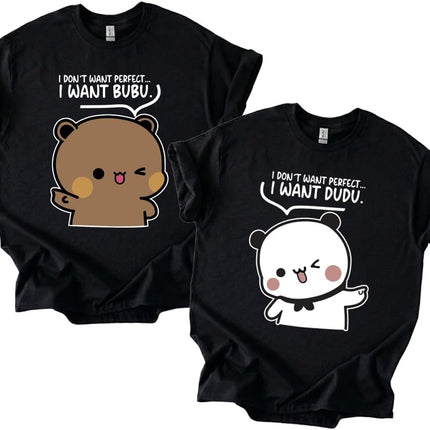 Unisex Couple T-Shirt Set – I Want Bubu & Dudu Cute Cartoon Bear Graphic Tee for Matching Boyfriend Girlfriend Look