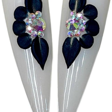 Set 8Pcs 3D Black Flowers Nails Charms With Rhinestone Gems Handmade by Acrylic Powder Design For Long Nail L,XL,XXL Flower Nail Art Floral Salon Decor Women Girls (Black -8Pcs)