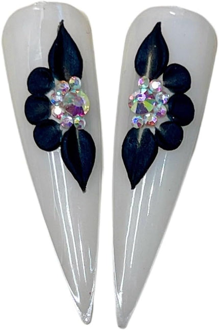 Black 3D Flower Nail Charms with Rhinestones, 8-Piece Set